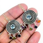 Amethyst Gemstone 925 Silver Bezel Hook Dangling Artisan Sister Earrings Jewelry
