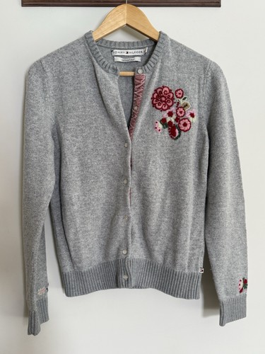 Vintage Tommy Hilfiger Strickjacke Blumen bestickt Rippborte Velour Gr. LG Damen - Bild 1 von 14