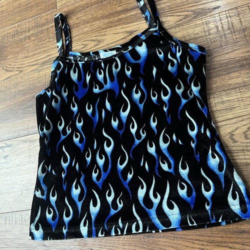 VTG Y2K Blue & Black Flame Patterned Velvet Cami Sz M Grunge Goth Alt 2000s - Picture 3 of 4