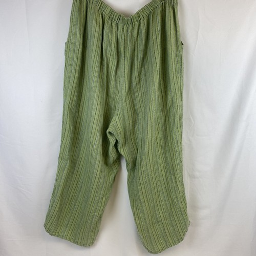 Flax 100% Linen Green Pants Striped Wide Leg Pullon Pockets Lagenlook Size 2X - Picture 2 of 7
