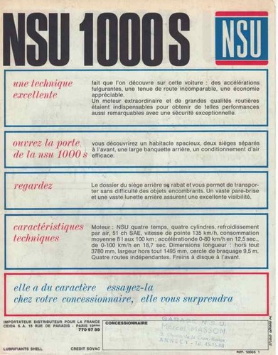 Katalog Prospekt NSU 1000 S 1968 Frankreich - Bild 2 von 2