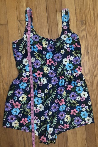 Blair Womens 14 Navy Floral Lined Wireless One Piece Swimsuit Romper Shorts Tie - Picture 6 of 11