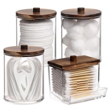 4 Pcs Qtip Cotton Swab Storage Set, 7oz 10oz Clear Plastic Jars w/ Wooden Lids