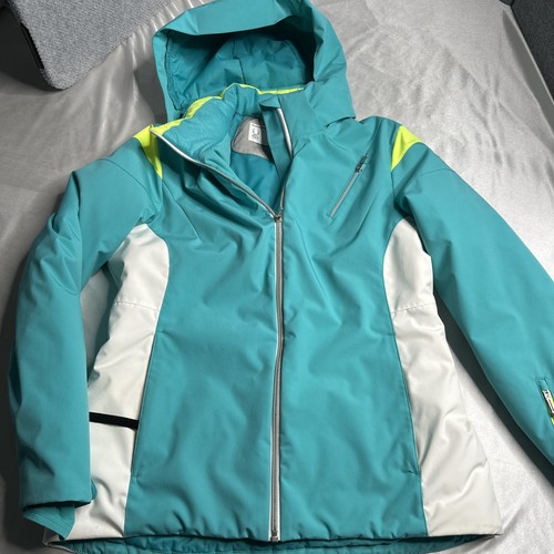 Spyder Womens 10 Teal White Insulated Winter Ski Snowboard Coat Jacket Hooded - Picture 1 of 20