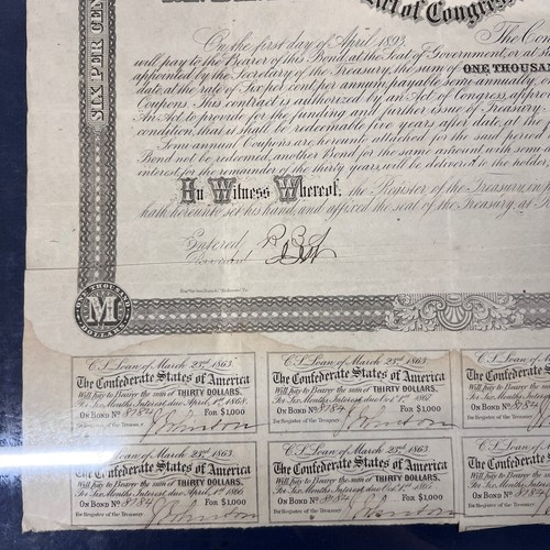 Framed 1863 Confederate States of America $1000 Civil War Bond - No. 8184 - Picture 5 of 8
