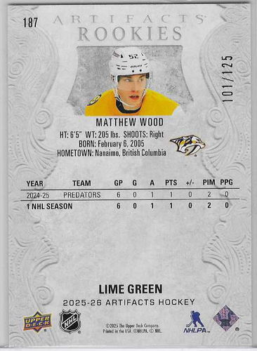 MATTHEW WOOD 2025-26 UPPER DECK ARTIFACTS ROOKIES LIME GREEN #/125 - Picture 2 of 2