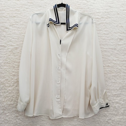 Blusa Talla 20 Crema Negro Borde Preppy Academia Oficina Chic Secretaria Ambiente Lujo - Imagen 10 de 13