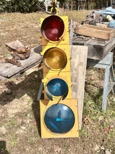 Vintage 4-Lens Traffic Signal Light Yellow Housing Red/Amber/Blue Lenses USA