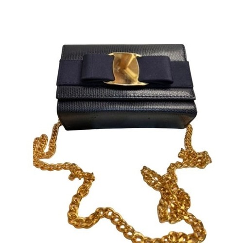 Vintage 70s Blue Leather and Gold Clutch with Chain Strap