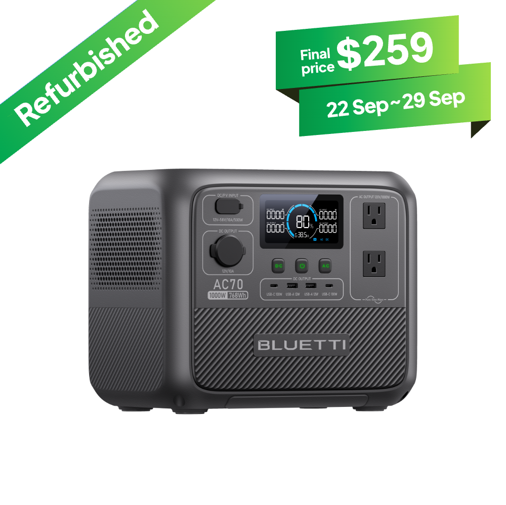BLUETTI AC70 小型ポータブル電源 768Wh、1000W BLUETTI AC70 1000W 768Wh Portable Power Station & Solar