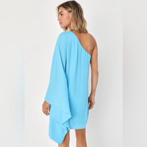 NWT Lulus Summer Daze One-Shoulder Kaftan Sleeve Mini Dress Turquoise Medium $69 - Picture 4 of 10