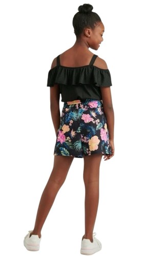 Justice Girls Romper 12/14 Black Ruffle Neckline Faux Button Tie Belt Floral - Picture 12 of 13