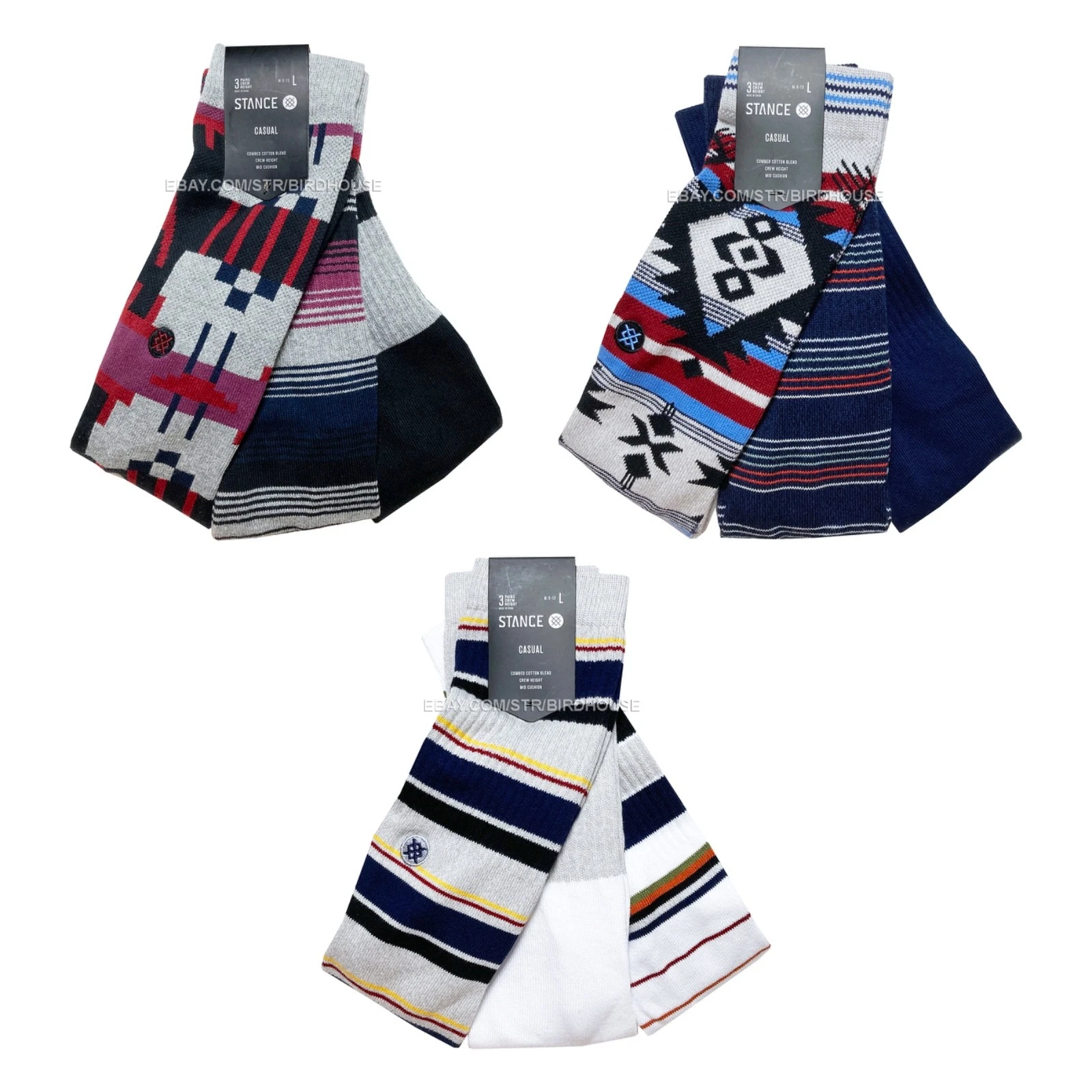 Stance Classic Crew Socks 3 pr Mens L Combed Cotton Blend Arch Support