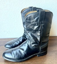 Justin Black Leather Western Cowboy Boots Men’s 7.5 D USA Made Roper Pull On