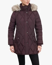 London Fog Women’s Quilted Puffer Jacket Small – Blackberry – Faux Fur Hood