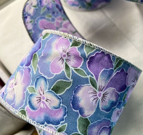Spring Floral 2.5" by 2 yd Easter Blue Wired Ribbon Lavender Purple Pink Pansy - Picture 6 of 8