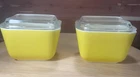 Vintage PYREX SET OF 2 Yellow Refrigerator Dishes 501B 1-1/2 Cup With Lids Glass