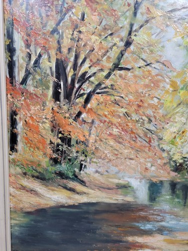Original Oil Painting Autumnal Landscape Vintage Forest Trees River Large Rare - Picture 5 of 21