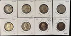 8 US Silver Washington Quarters, including some AU and Proofs as per photos