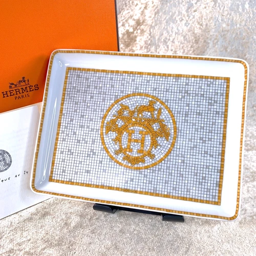 Hermes Paris Rectangle Tray Sushi Plate Mosaique au 24 Gold Porcelain with Box