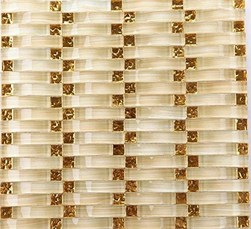 Hoja de mosaico de vidrio dorado beige pintado a mano azulejo de pared brillante con detalles de lámina... Foto 2 de 4