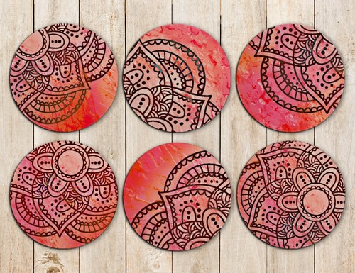 Orange Mandala Drink Coasters Set of Six Neoprene - Picture 2 of 4