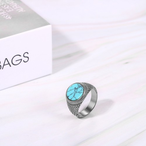 Round Turquoise Ring Stainless Steel Retro Biker Signet Band for Men Size 7-13 - Picture 5 of 18