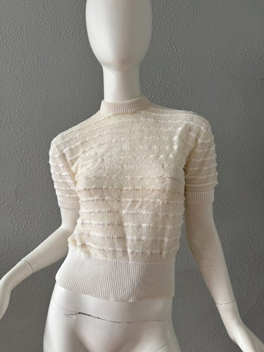 Vintage 70s White Mock Sheer MILANO Striped Crop Sweater Top XS/S - Picture 8 of 21