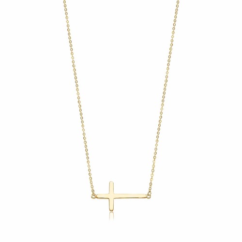 14K Solid Yellow Gold Sideways Cross Pendant Rolo Chain Necklace Set Charm Women - Picture 1 of 4