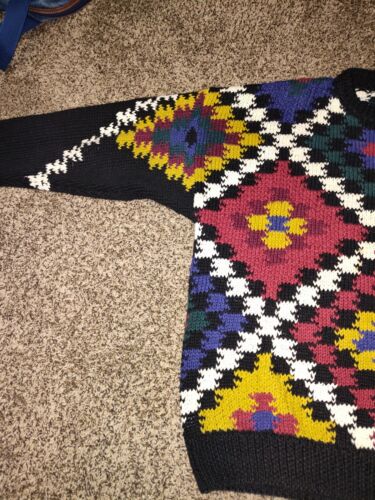 Vintage 90s Structure Knit Patterned Sweater Heavy Large Winter Nordic Geometric - Picture 3 of 7