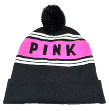 VICTORIA'S SECRET PINK BEANIE HAT SOFT PINK WHITE STRIPES BLACK POM POM O/S