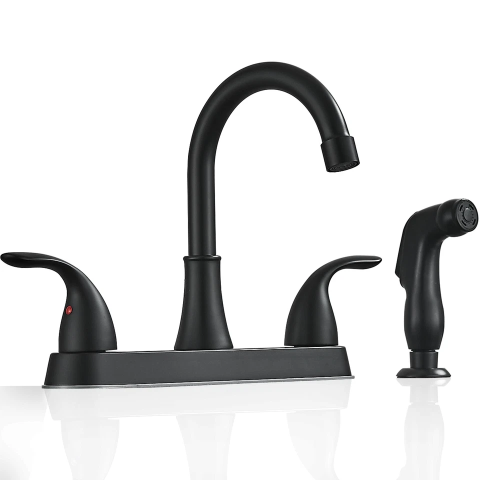 Grifo de cocina negro mate 2 manijas 4 orificios grifo mezclador fregadero con rociador lateral Foto 2 de 4