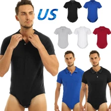 Men's Short Sleeve Shirts Button Crotch Leotard One Piece Bodysuit Underwear