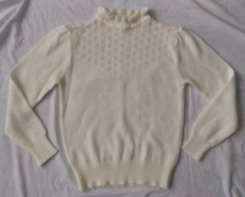 Vintage Cottagecore Knit Pointelle Sweater Ruffle Neckline Ivory Womens Medium - Picture 1 of 6