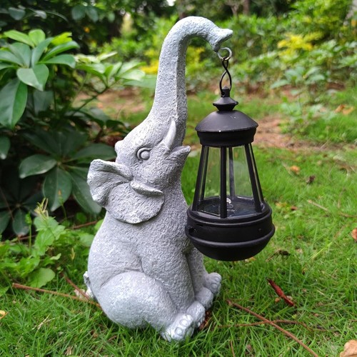 Elephant Solar Garden Statue Resin Figurine with Solar Lantern Lights - Picture 3 of 9