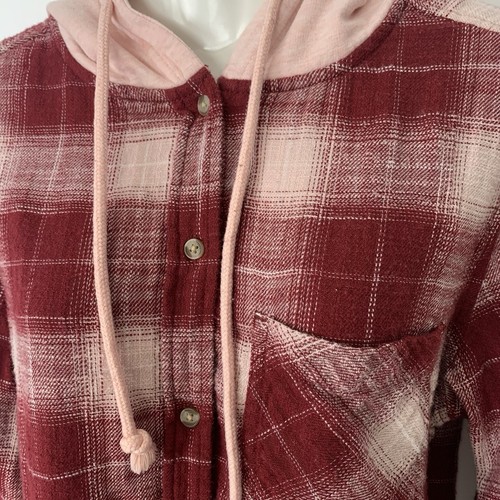 Time and Tru Hoodie Button Up Flannel Shirt Shacket Women M Buffalo Plaid Hooded - Picture 3 of 7