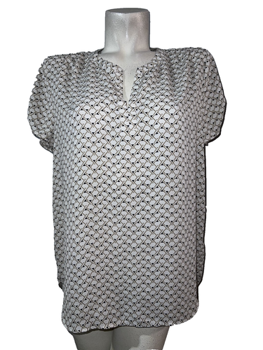 Pleione Top Women's Size L Brown Black Ivory Geo Print Short Sleeve Blouse Shirt