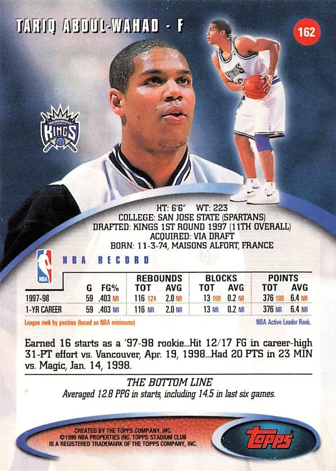 1998 Stadium Club #162 Tariq Abdul-Wahad Sacramento Kings - Image 2 of 2