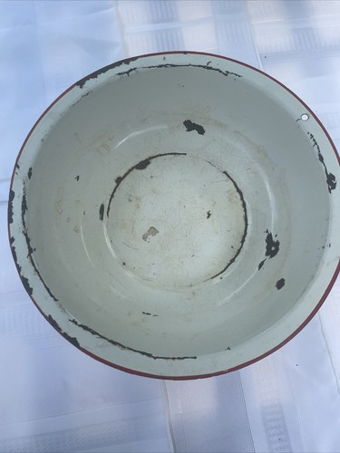 Lotto di 2 ciotole lavabo vintage smaltate bianche con bordo rosso - Foto 3 di 14