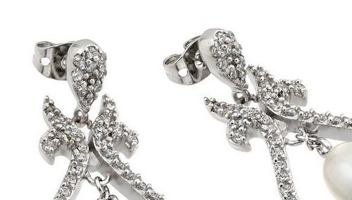 925 STERLING SILVER OPEN HEART DANGLING PEARL STUD EARRINGSLAB CREATED DIAMOND - Picture 2 of 3