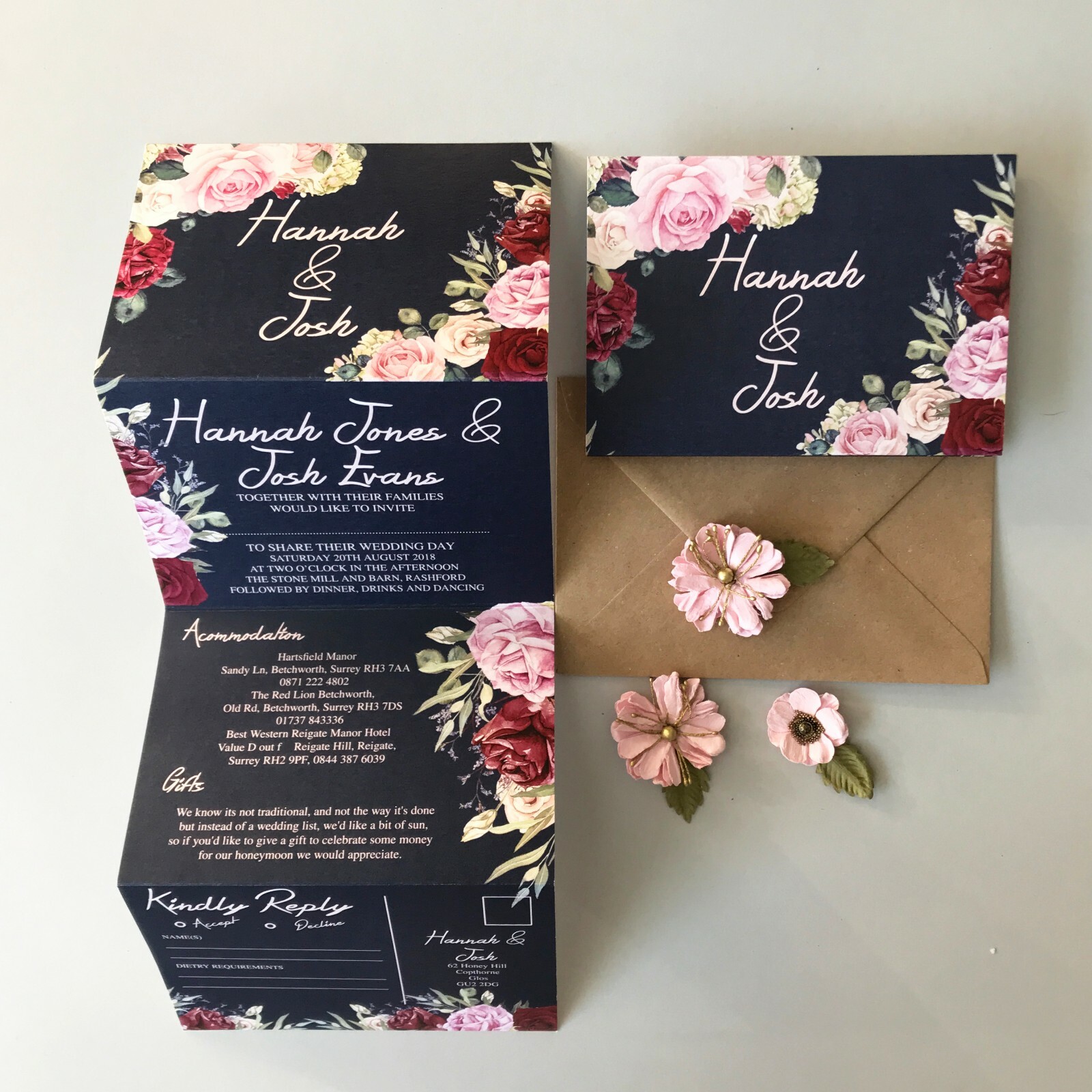 Vintage Floral Navy Day or Evening Personalised Wedding Invitations with RSVP Vintage Floral Navy Day or Evening Personalised Wedding Invitations with RSVP