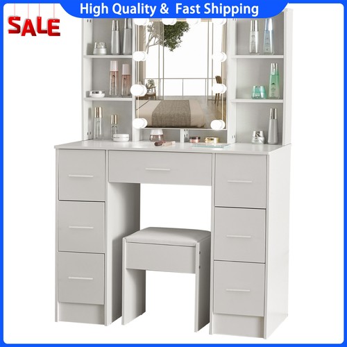 White Dressing Table Vanity Makeup Desk Set with LED Light Mirror and 7 Drawers - Picture 7 of 8