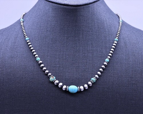 Blue-Green Kingman Turquoise & Sterling Silver Necklace | Southwestern Elegance - Picture 2 of 8