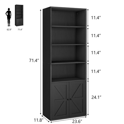 🔥Tall Bookshelf Farmhouse Bookcase with Doors Display Storage Shelves Wooden NE - Picture 4 of 9