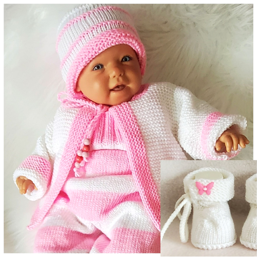 Babyset Ausfahrgarnitur Reborn 50 62 rosa weiß gestrickt Jacke Hose Mütze Schuhe - Bild 2 von 23