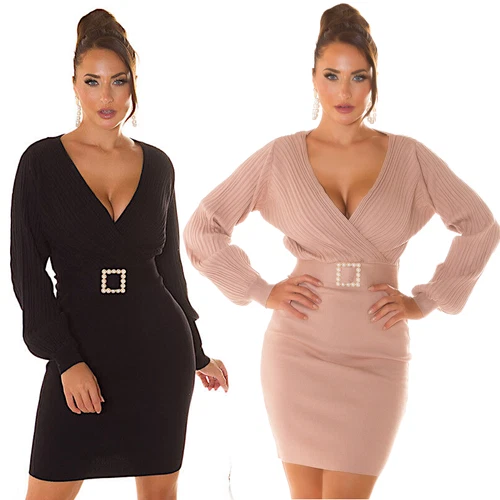 Women Dress Elegant Knitted Belted Buckle Pearl Dress New