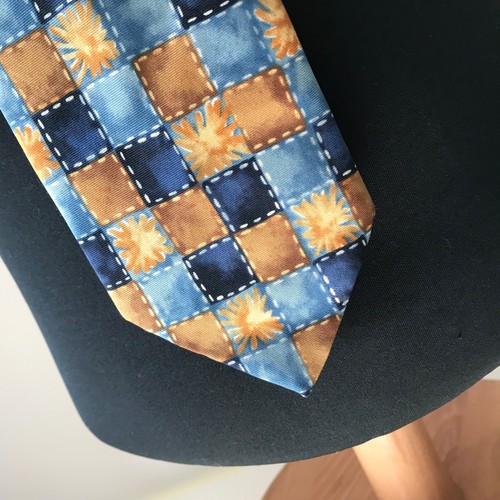 Saint Michael M&S Silk Tie Blue Yellow Floral Square Print Made in Italy VTG - Picture 3 of 5