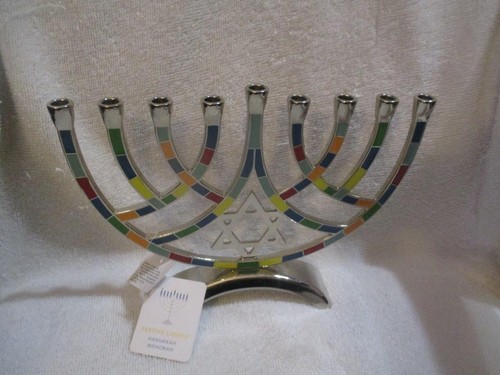 Hanoukka Menorah Star of David Chrome Enamel 9 Candle Holder 9" Wide x 7" Tall - Bild 1 von 7