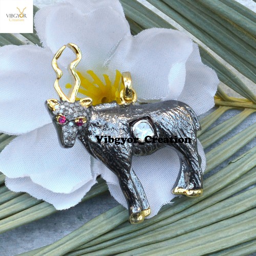 Colgante Pavé Natural Diamante Ciervo Dije Plata 925 Oxidada Polki Animal Joyería - Imagen 3 de 4