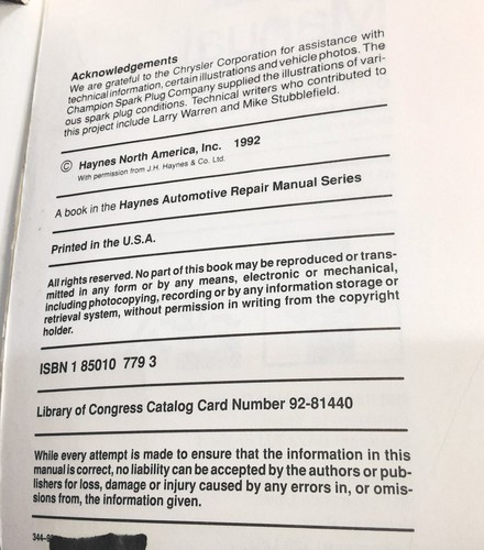 Dodge Spirit & Plymouth Aclaim 1989-92 All Models Haynes Auto Repair Manual 1779 - Picture 8 of 13
